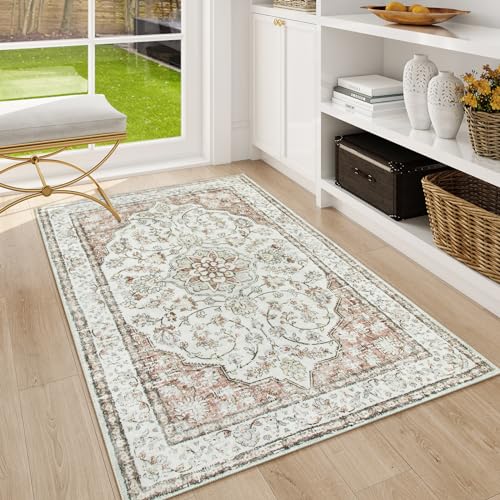 Lahome Oriental 3x5 Rug,Washable Entry Rugs for Inside House Non-Slip,Boho Grey Rugs for Living Room,Traditional Vintage Bathroom Rugs Thin Throw Rug for Bedroom Entryway Kitchen,(3x5ft,Light Gray)