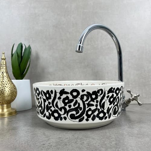 Handmade Ceramic Moroccan Basin Sink, Bathroom Hand Painted Vessel Sink, Handwash Countertop Vanity Basin, Artistic Vessel Bowl Basin (12 Inch = 30 cm | Height: 4.3 Inch = 11 cm, Black & Pink)