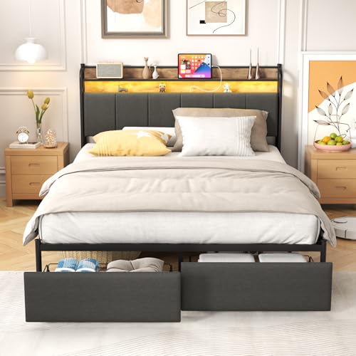 Full Upholstered Bed Frame w/Tall Headboard, Openable Backrest w/Hidden Storage Space, Full Size Platform Bed w/Charging Station, Wooden Slats & Metal Supports, No Box Spring Needed, Grey