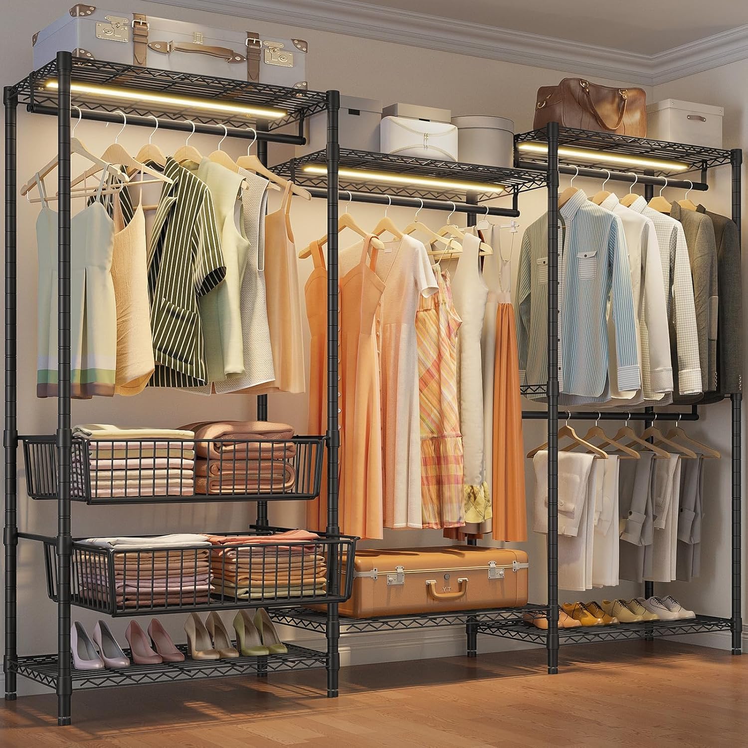 VIPEK V10 Garment Rack with Dimmable LED Lights, Black Heavy Duty Clothes Rack for Hanging Clothes with 3000K Warm White Light, Freestanding Wardrobe Closet Organizer and Storage