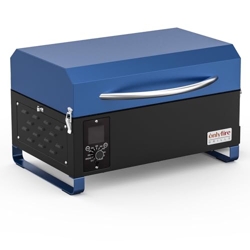 Onlyfire BBQ Wood Pellet Grill Smoker with Digital Control, LED Screen, Meat Probe & 2 Tiers Cooking Area, Portable Tabletop Grilling Stove for BBQ, Smoke, Bake and Roast, RV Camping, Blue