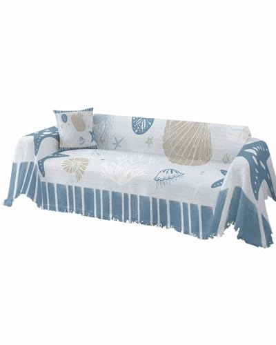 Ocean Navy Blue Cover Couch Covers for 3-4 Cushion Couch Throw Couch Cover with Tassel Soft Slipcover Vintage Jellyfish Starfish Coral Blue Striped Couch Furniture Protector for Dog Pet 71
