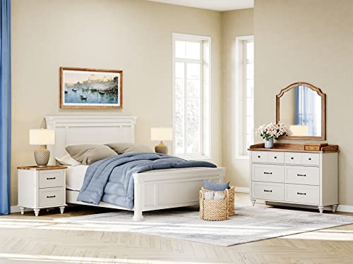 WAMPAT 3 Piece Dresser and Nightstand Sets, White Dresser & Chests of Drawers with 6 Drawers and Metal Handle, Mid-Century Modern Set of 2 End Tables with Charging Station, 3 Piece Bedroom Set
