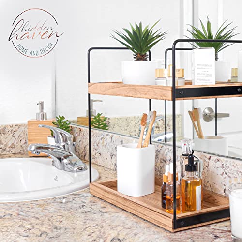 2 Tier Bathroom Countertop Organizer Lightly Lacquered to Resist Water and Stains - Easy to Assemble-Tray Standing Decore Bathroom Organizer and Kitchen Spice Rack (Natural Wood)