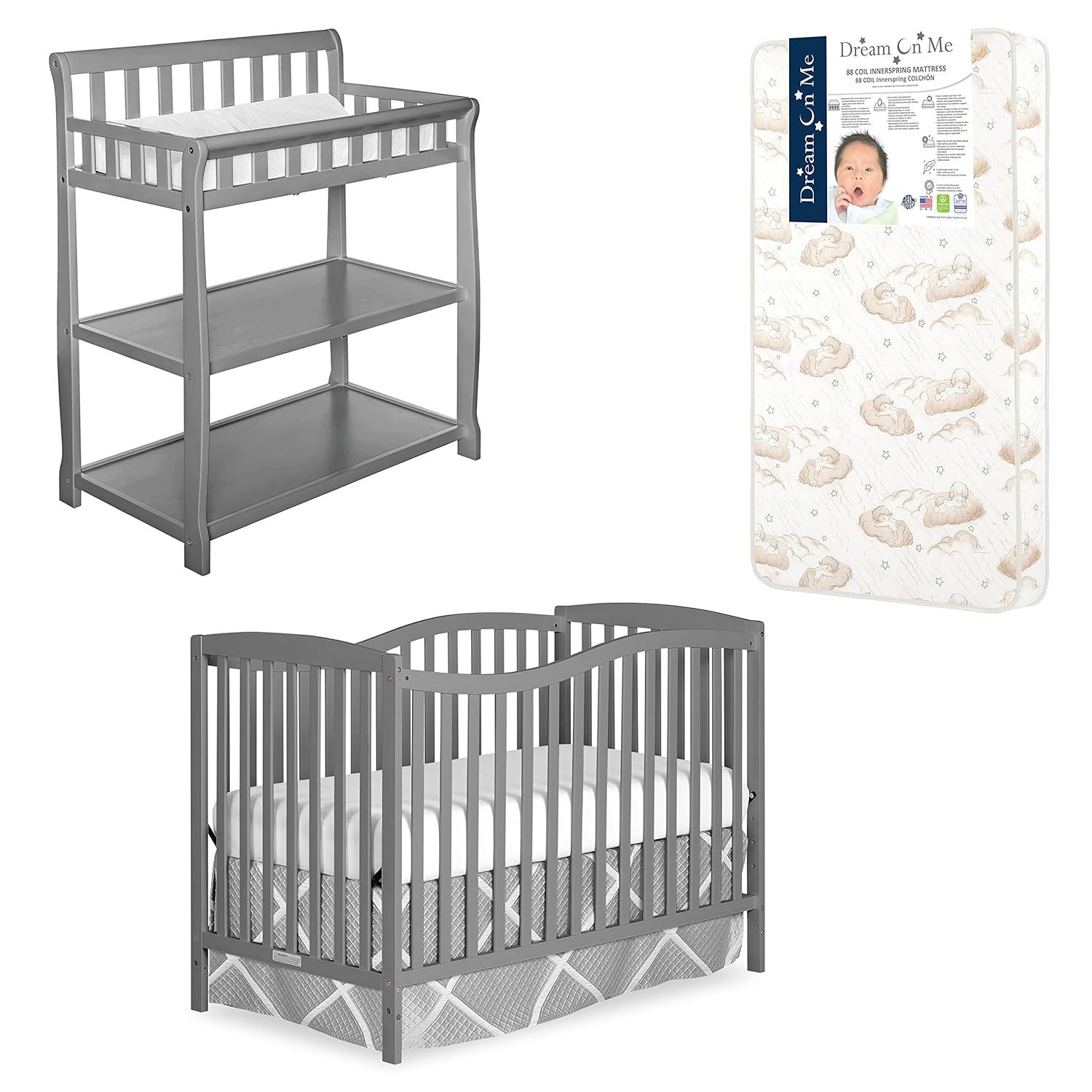 Nursery Essentials Bundle of Dream On Me Chelsea 5-in-1 Convertible Crib, Dream On Me Ashton Changing-table, with a Dream On Me Twilight 5” 88 Coil Inner Spring Crib and Toddler Mattress