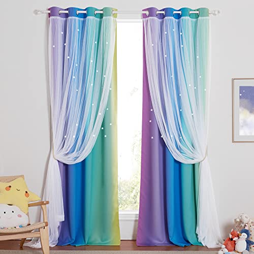 NICETOWN Nursery Curtains for Girls, Room Darkening Rainbow Curtains for Bedroom Kids Curtain Hollow-Out Star Window Drapes Curtain 84 inches Length for Living Room (Pink Purple, W52 X L84, 2 Panels)
