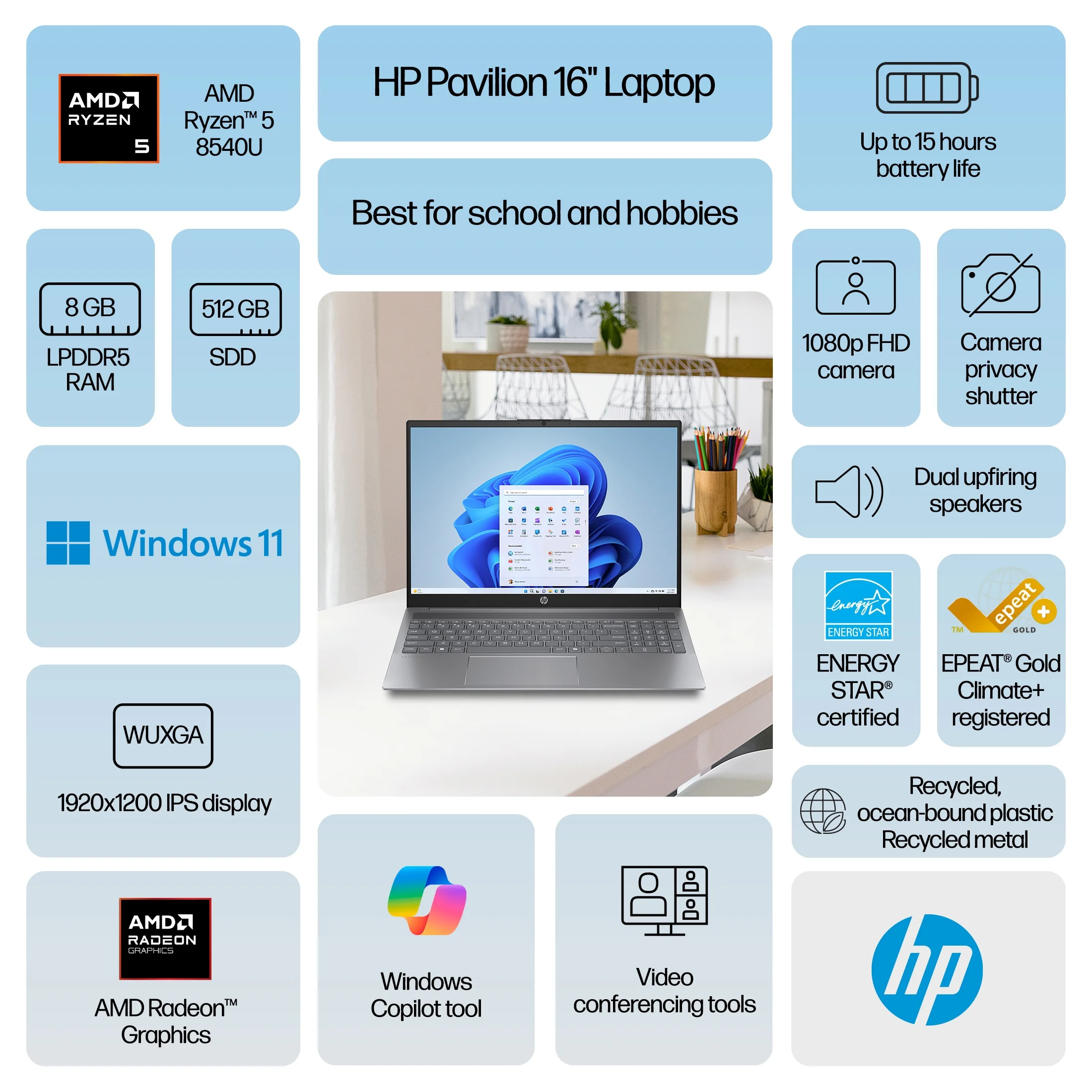 HP Pavilion 16 inch Windows Laptop AMD Ryzen 5-8540U AI PC 8GB RAM 512GB SSD Meteor Silver