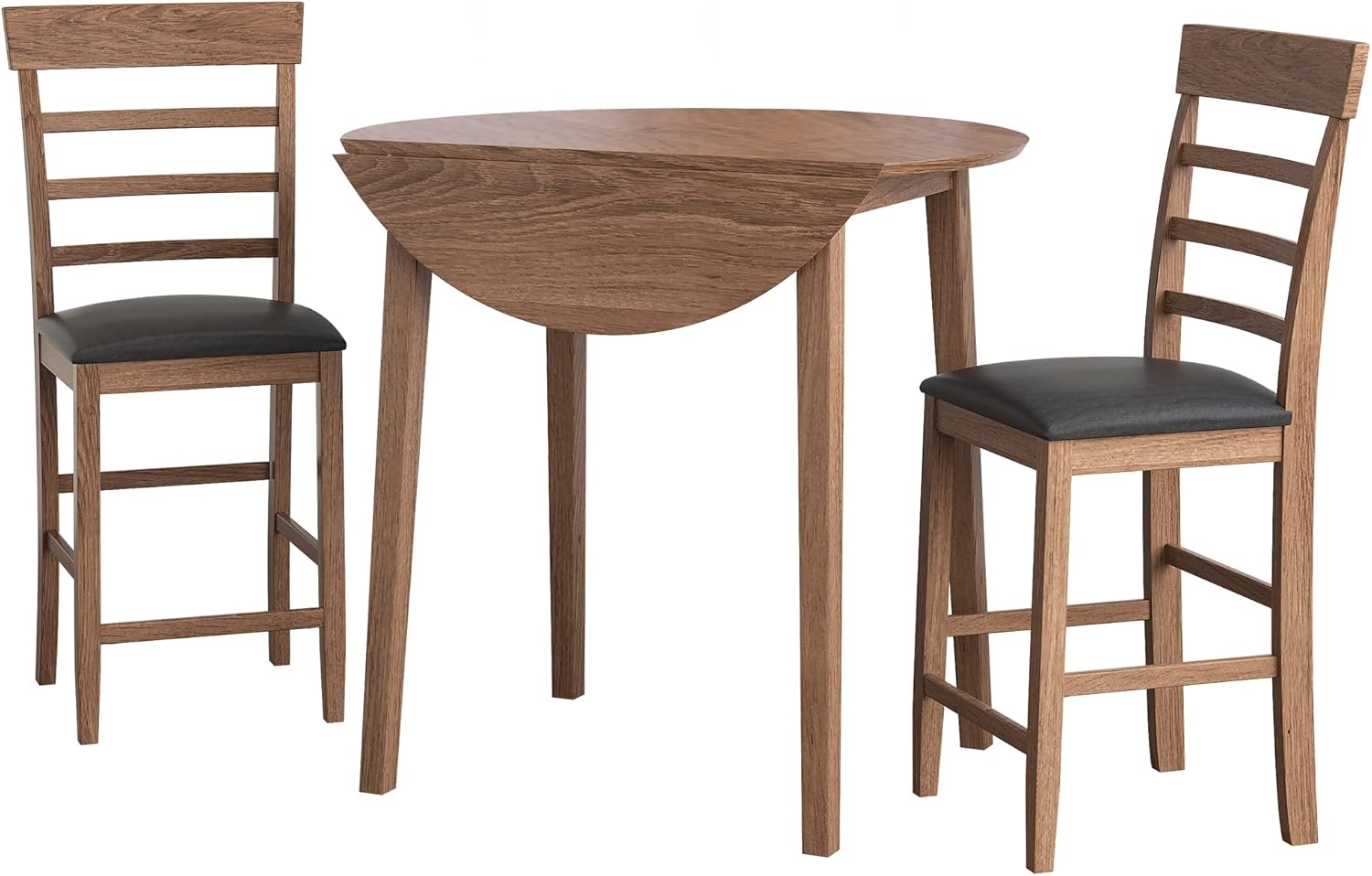 3PCS Retro Round Counter Height Drop-Leaf Table with 2 Upholstered Chairs Rubber Wood Dining Table Set Pub Set with PU Leather Cushion for Small Space Kitchen Walnut Color