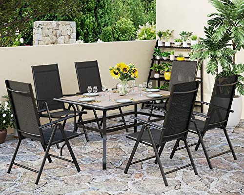 PHI VILLA Outdoor Patio Dining Sets for 6, Outdoor Furniture Dining Table Set with 6 Reclining Folding Sling Patio Chairs & 1 Large Rectangular Wood Like Top Table for Yard, Black