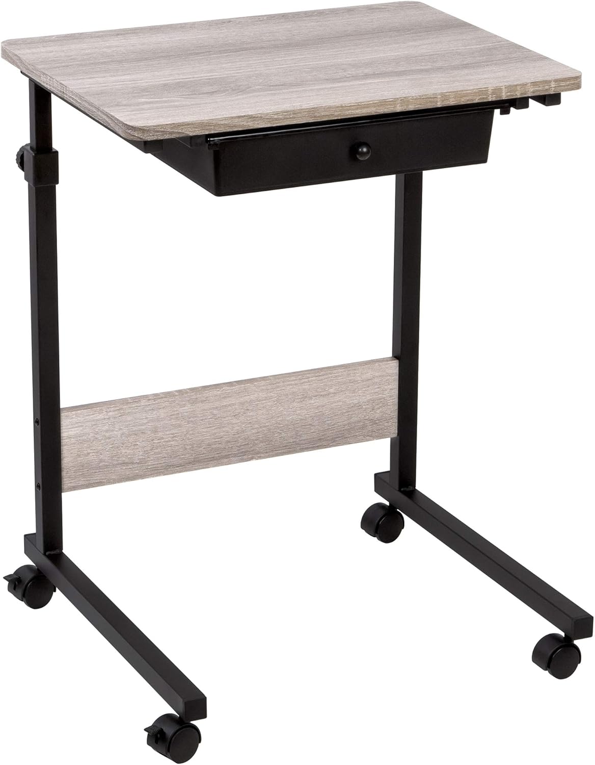 Adjustable Height Rolling Table, Matte Black with Wood Grain Laminate Top