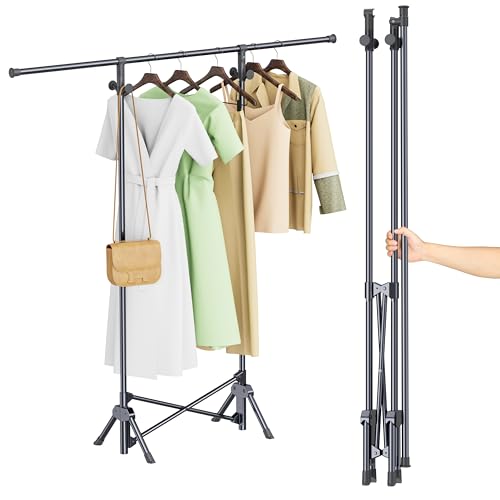 No Installation Clothes Rack,Portable Folding Carbon Steel Garment Rack - Versatile Heavy Duty Coat Rack with 4 hooks for Indoor and Outdoor Use - great for Home, Camping,Travel (White)