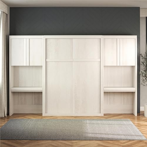 REALROOMS Halstead Multi-Functional Queen Size Fold-Out Murphy Bed with 2 Side Desk Storage Cabinets and Slide-Out Vanity Drawers for Bedroom or Guest Room, Walnut