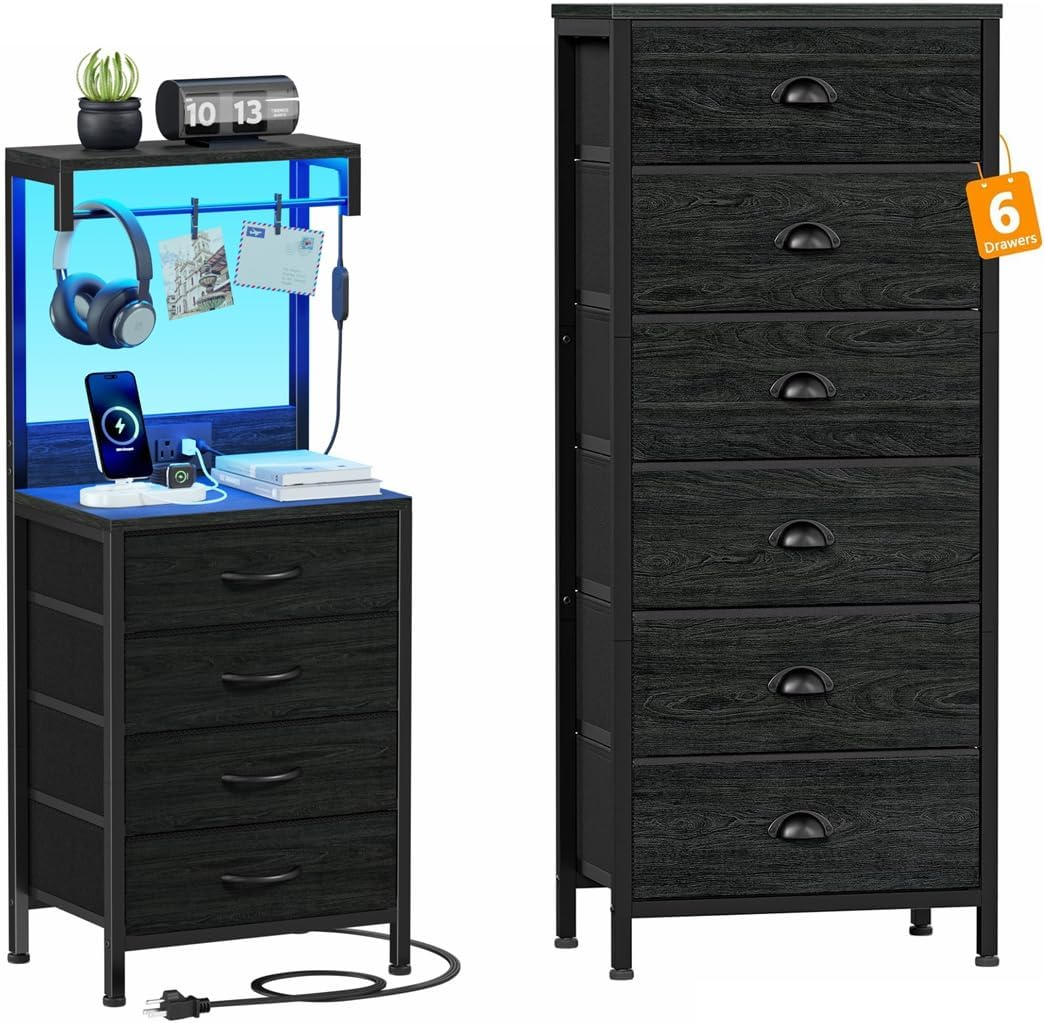 Furnulem Tall Dresser with 6 Drawers, Bedside Table with Storage Shelves, End Side Table for Bedroom, Office