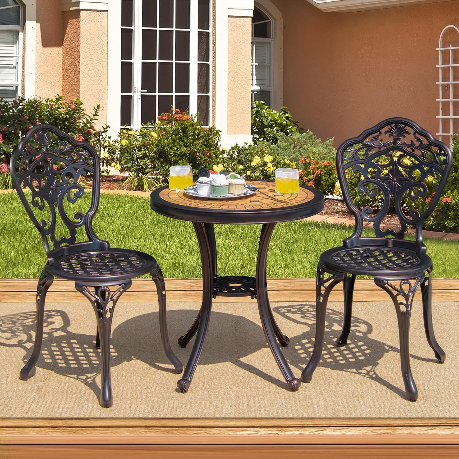 Tangkula 3 Pieces Patio Bistro Set, Cast Aluminum Outdoor Table and Chairs Set, Outdoor Round Bistro Table and Chairs Furniture for Porch, Balcony, Yard, Lawn, Poolside
