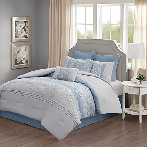 510 DESIGN Luxe Quilted Comforter Set Modern Transitional Design, All Season Down Alternative Warm Bedding Matching Shams, Bedskirt, Decorative Pillow, Queen, Ramsey Damask Grey