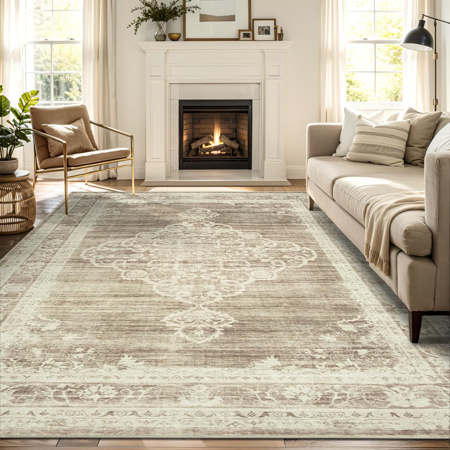 9x12 Area Rugs for Living Room Washable, Neutral Vintage Rug Large for Dining Room Bedroom Carpet Farmhouse Non Slip Low Pile Pet Friendly Area Rug 9 by 12 Indoor - Beige