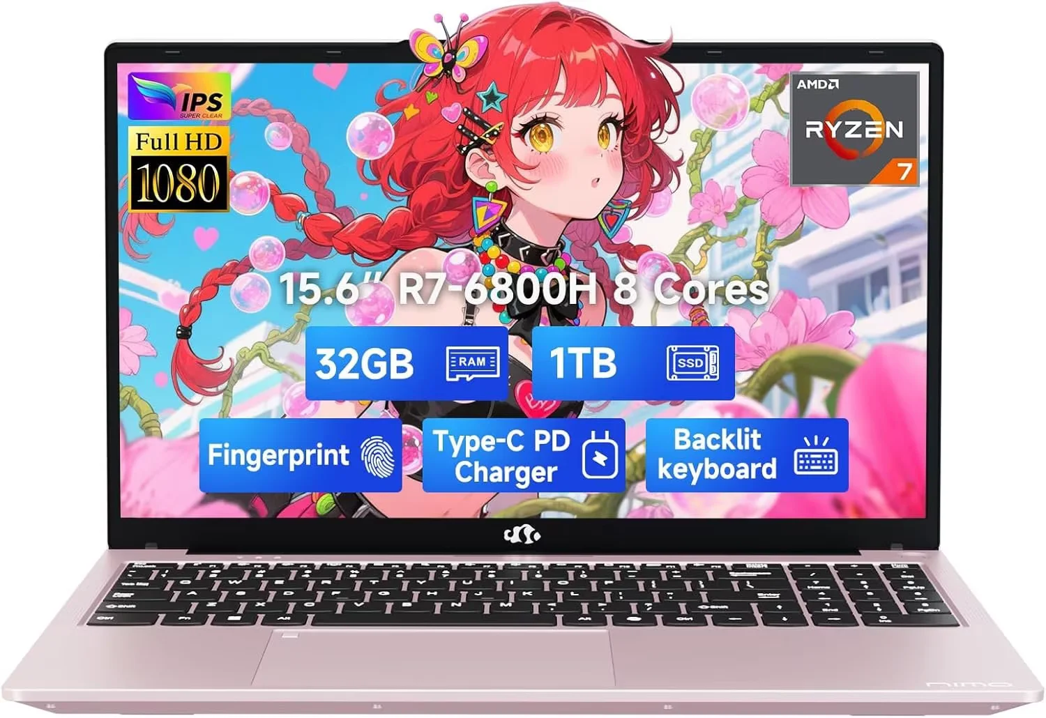 15.6" IPS FHD-Gaming-Laptop, 8 Cores AMD Ryzen 7 6800H 32GB DDR5 RAM 1TB SSD (Beat i7-12700H, Up to 4.7GHz) AMD Radeon 680M GPU-Computer with 100W GaN Type-C Backlit Keyboard Fingerprint(pink）