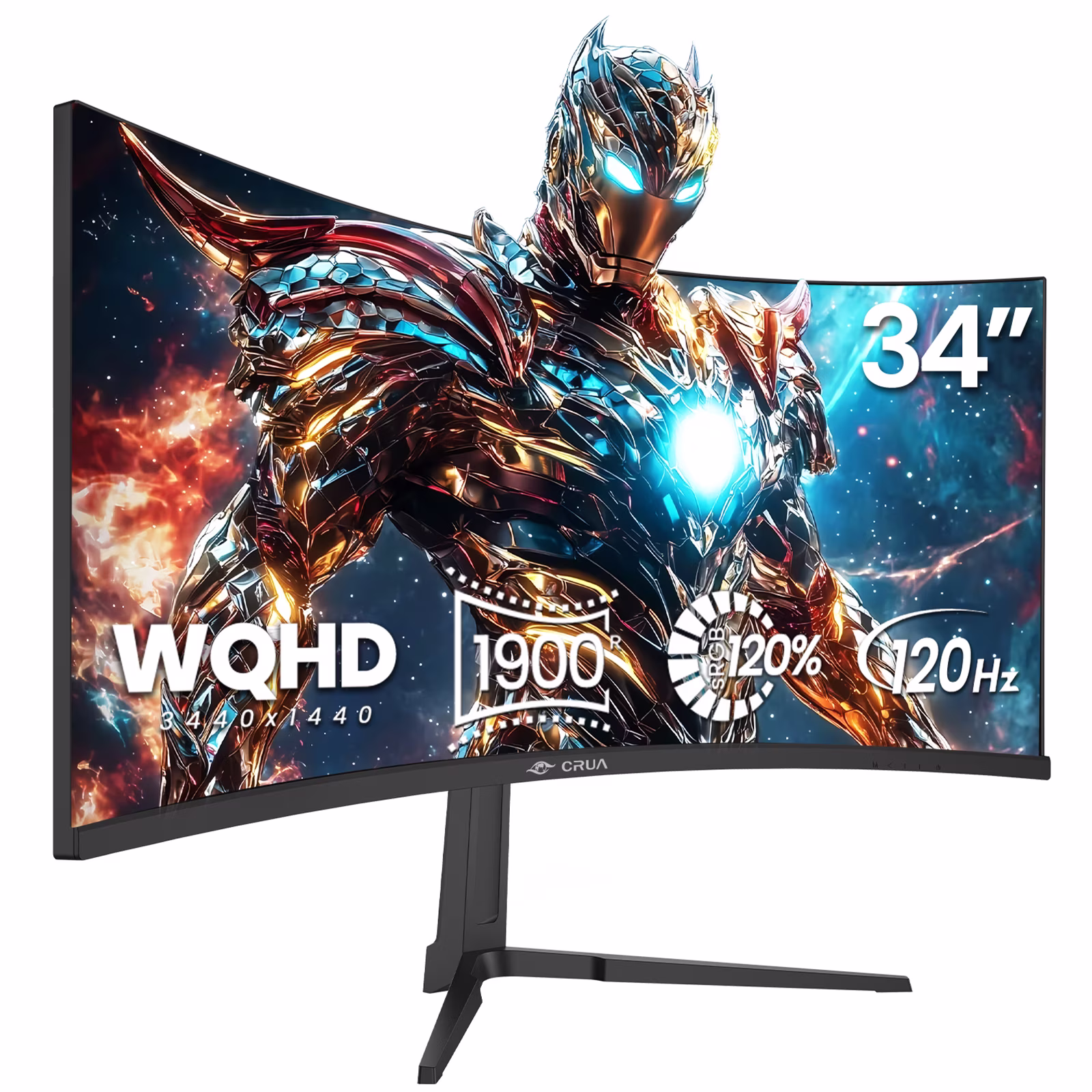 CRUA 34-inch IPS Curved Gaming Monitor, WQHD 3440x1440, 120Hz Computer Monitor, 1900R, 120% sRGB, FreeSync, HDMI 2.0 & DP 1.4, Wall Mountable - Black