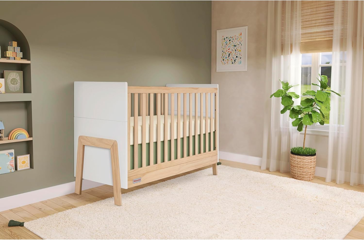 Evolur Fisher-Price Iris 4-in-1 Convertible Crib in Vintage White Oak by Dream On Me, JPMA & Greenguard Gold Certified, Crafted from New Zealand Pine Wood