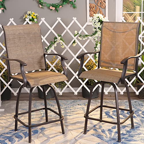 PHI VILLA 2 PCS Outdoor Swivel Bar Stools Bar Height Patio Chair with Breathable Sling Fabric, All Weather Resistant Steel Frame