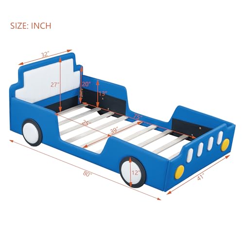 Full Size Classic Car-Shaped Platform Bed with Wheels,Wooden Floor Bedframe W/Door Design,Easy to Assemble,Toy Car Furniture for Boys Kids Toddlers Child's Bedroom,Blue