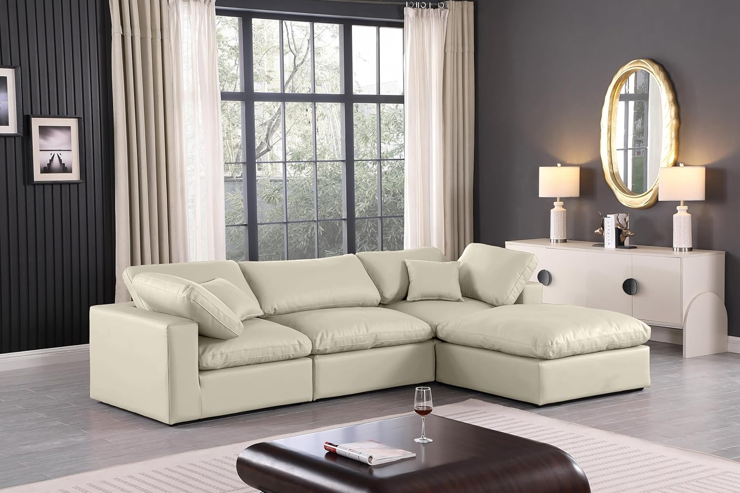 Meridian Furniture Comfy Collection Modern | Contemporary Upholstered Modular Sectional, Soft Vegan Leather, Fiber-Filled, 120