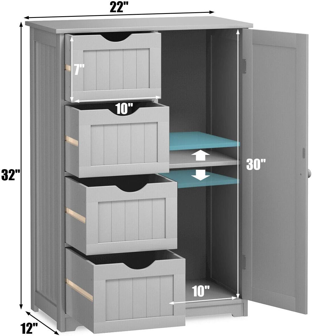 Elegant Design Multifunction Freestanding Bathroom Floor Cupboard Cabinet Storage Organize with 4 Drawer Adjustable Sturdy Durable for Toilet, Living Room, Bedroom, Corridor, Office Grey