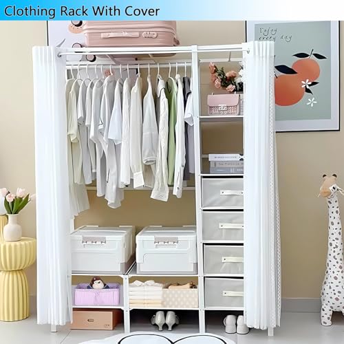 Foldable Clothing Rack With Cover, Loads 1100LBS, Heavy-duty Clothes Rack for Bedroom With 4 Drawers And 4 Storage, Clothing Garment Rack for Hanging Clothes Coat Storage Organizer (51in/130cm)