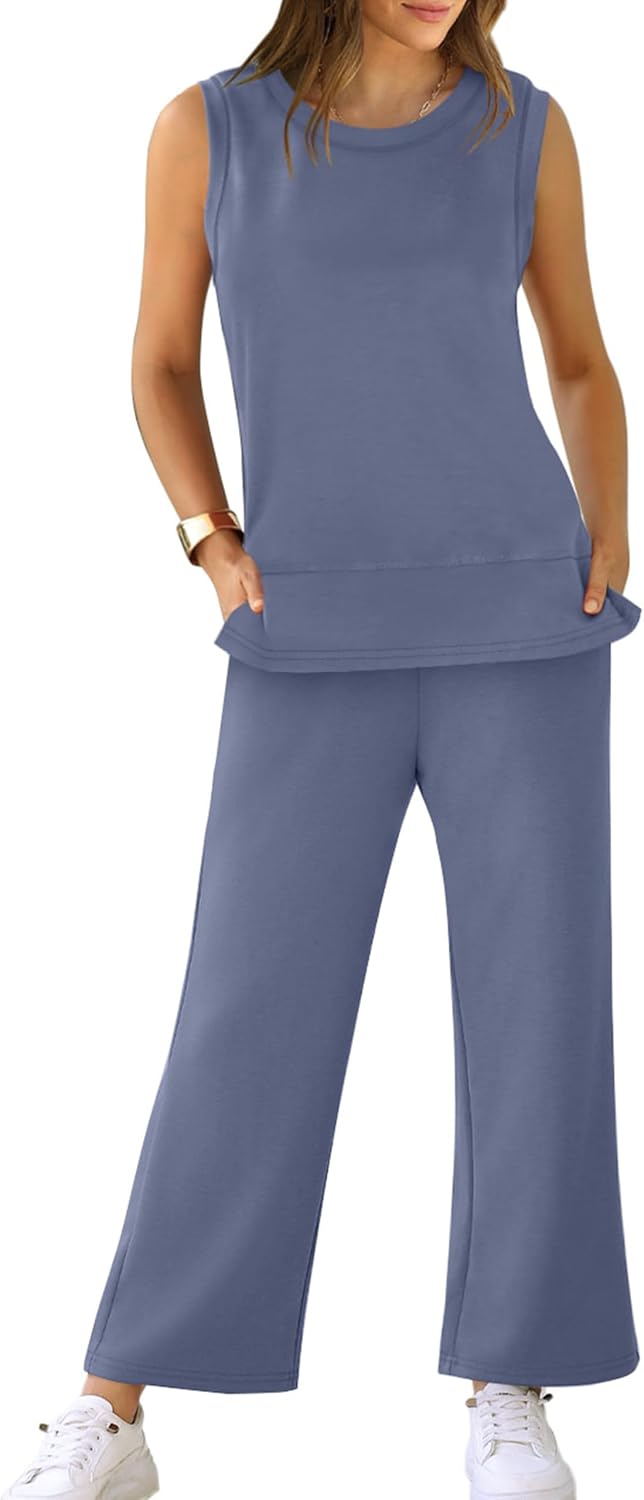 XIEERDUO Women's Tracksuit 2 Piece Lounge Sets Two Summer Sleeveless Outfits Wide Leg Matching Sweat Set Casual Jumpsuit Ladies Loungewear Blue L