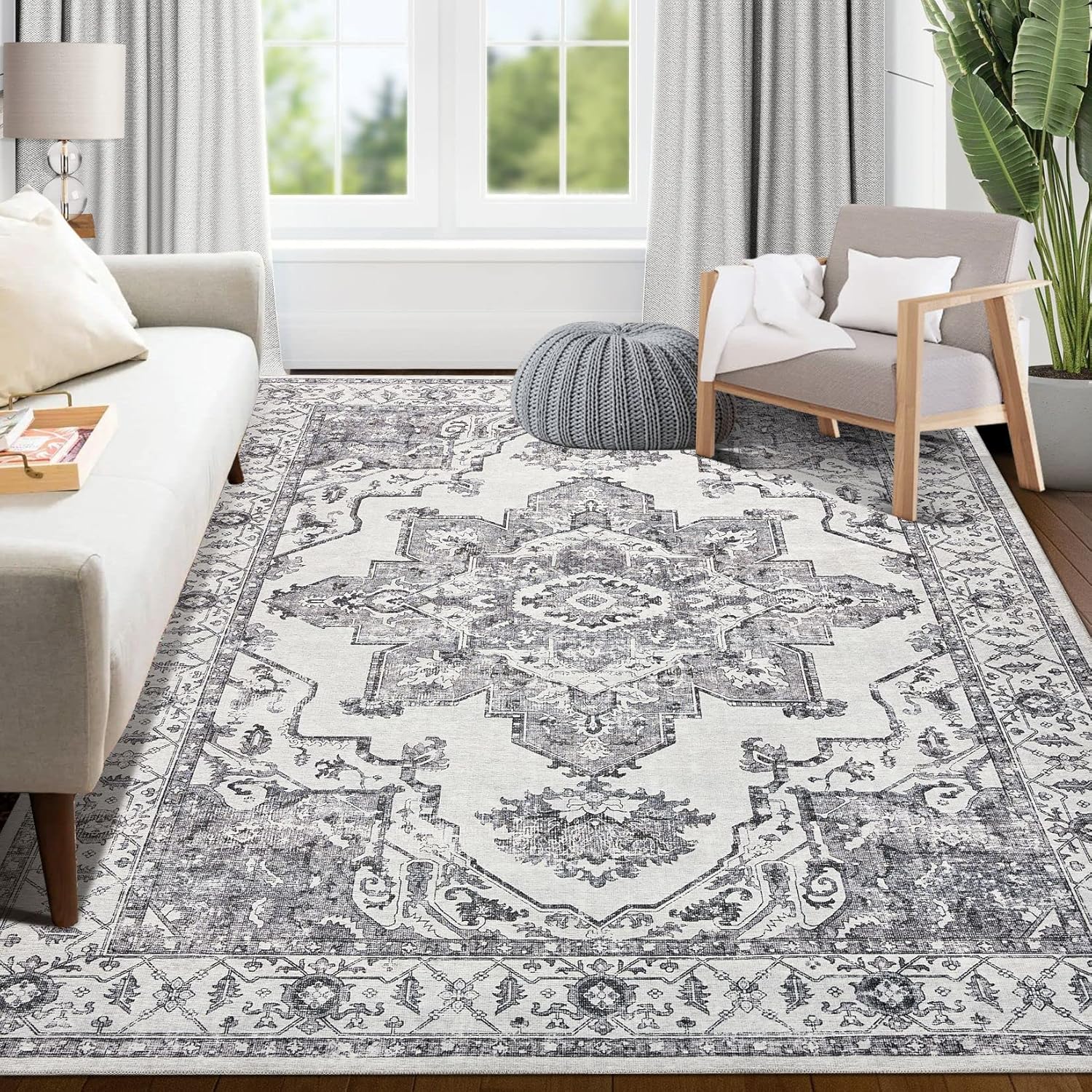 Area Rug Living Room Rugs 9x12 Machine Washable Large Carpet Boho Oriental Distressed Non-Slip Cream/Grey Area Rugs for Dining Room Farmhouse Bedroom Kids Playroom Office Home Decor