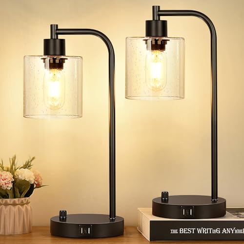 Set of 2 Industrial Table Lamps with 2 USB Port, Rustic Black Fully Stepless Dimmable Lamps for bedrooms, Bedside Nightstand Desk Lamps with Clear Glass Shade for Reading Living Room Office 2 LED Bulb