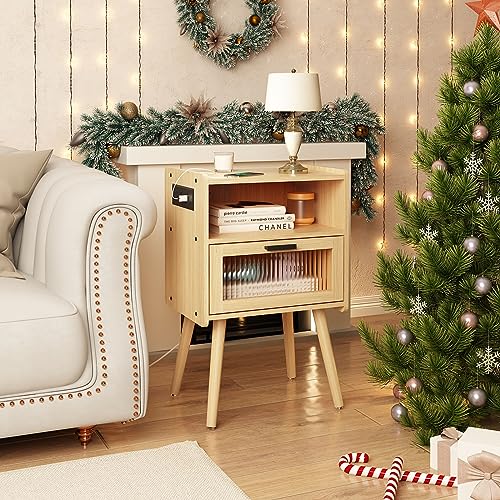 Mid Century Modern Nightstand, Side Table with Storage, Bedside Tables with Acrylic Drawer, End Table with Solid Wood Legs for Bedroom, Living Room and Small Spaces, Black