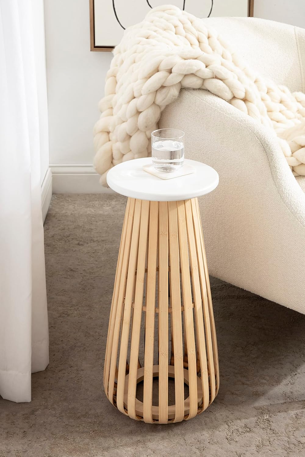 Kate and Laurel Oren Modern Boho Slatted Accent Drink Table or Indoor Plant Stand for Neutral Home Decor, 10x10x23, White/Natural