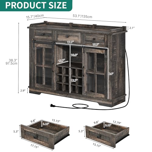 YITAHOME 53” Farmhouse Coffee Bar Cabinet Kitchen Sideboard Buffet Cabinet Storage with 3 Drawers Storage Cabinet and Glass Sliding Barn Door for Kitchen & Living Room, Antique White