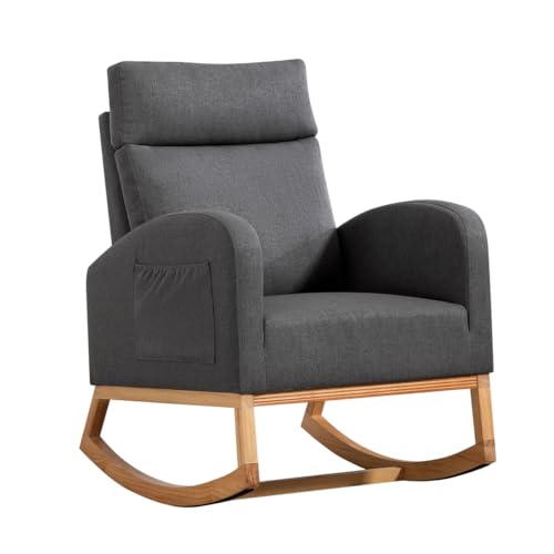 Nursery Chair Rocking Chair Glider Chair, Upholstered Accent Chair with Rubber Wood Legs, Comfy High Backrest, Side Pockets, Armchair for Living Room, Bedroom, Dark Gray