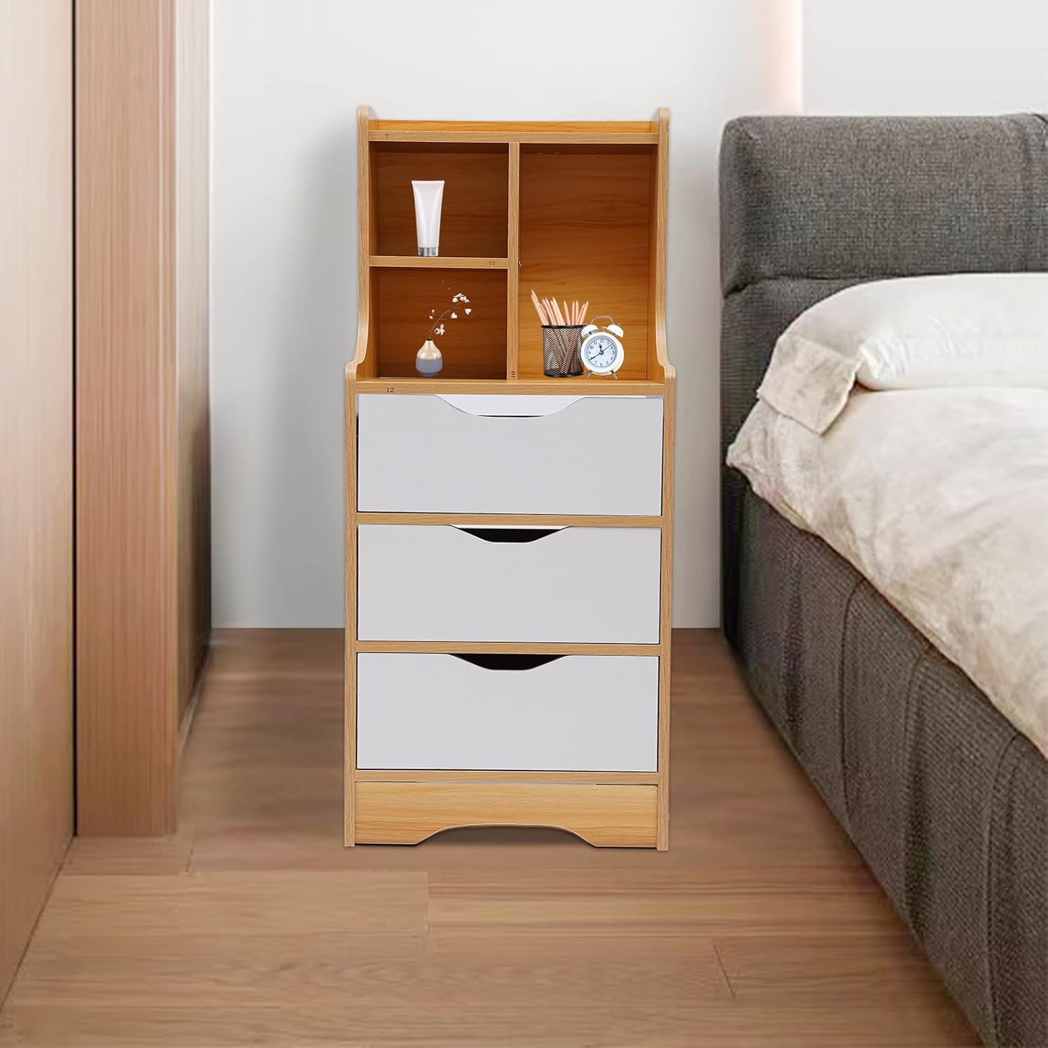 Modern Wood Nightstand, Space-Saving Nightstand End Bedside Table Storage Cabinet with Open Shelf and 3 Drawer, Rectangular Wood Nightstand Bedside Table for Home Office