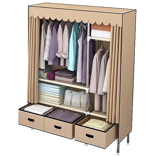 Garment Rack Heavy Duty Clothes Rack with Cover Freestanding Metal Clothing Rack Portable Closet Wardrobe with 2 Hanging Rods and 3 Drawers for Bedroom (Color : Pink, Size : 105x45x168cm)