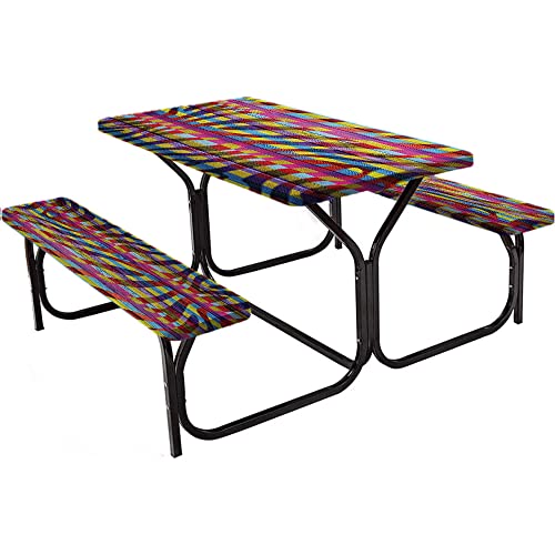 Wooden Timber Door Key Picnic Fitted Tablecloth and Bench Seats Table Cover, for Outdoor/BBQ/Camping, 28 x 72 Inch