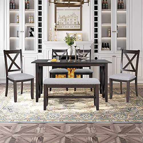6-Piece Grey Solid Wood Dining Room Set with Foldable Table, 4 Chairs and Bench - Space Saving, 60 Inches