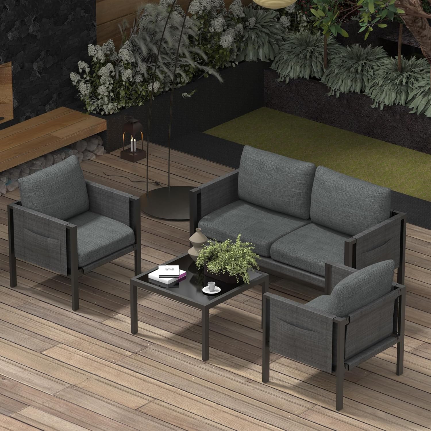 4 Pieces Patio Furniture Set, Patio Conversation Set, Outdoor Conversation Sets with Coffe Table for Patio, Outdoor Aluminum Furniture Set for Outside Poolside, Lawn, Backyard, Grey