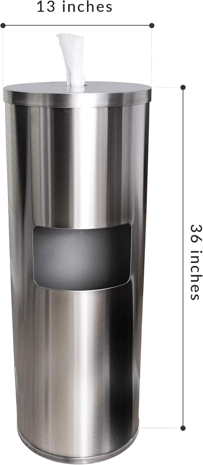 Stainless Steel Floor Stand Wipe Dispenser with Built-in Trash Can: Fits Sanitizing and Disinfecting Wipe Refill Rolls - Perfect for Gyms, Schools, Offices, Commercial Facilities