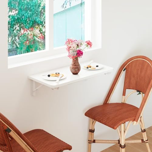 TEAMIX Wall Mounted Folding Table, Rustic Brown Floating Wall Desk for Small Spaces, Drop Leaf Dining Table for Kitchen Fold Down Laundry Shelf with Heavy-Duty Brackets