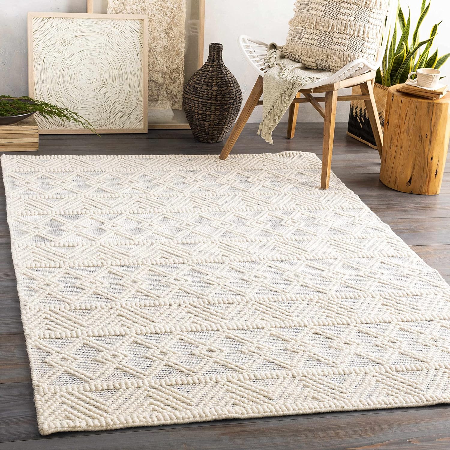 Hauteloom Ginter Wool Living Room, Bedroom Area Rug -%100 Wool - Handmade Bubble Weave - Moroccan Farmhouse - White, Blue - 6' x 9'