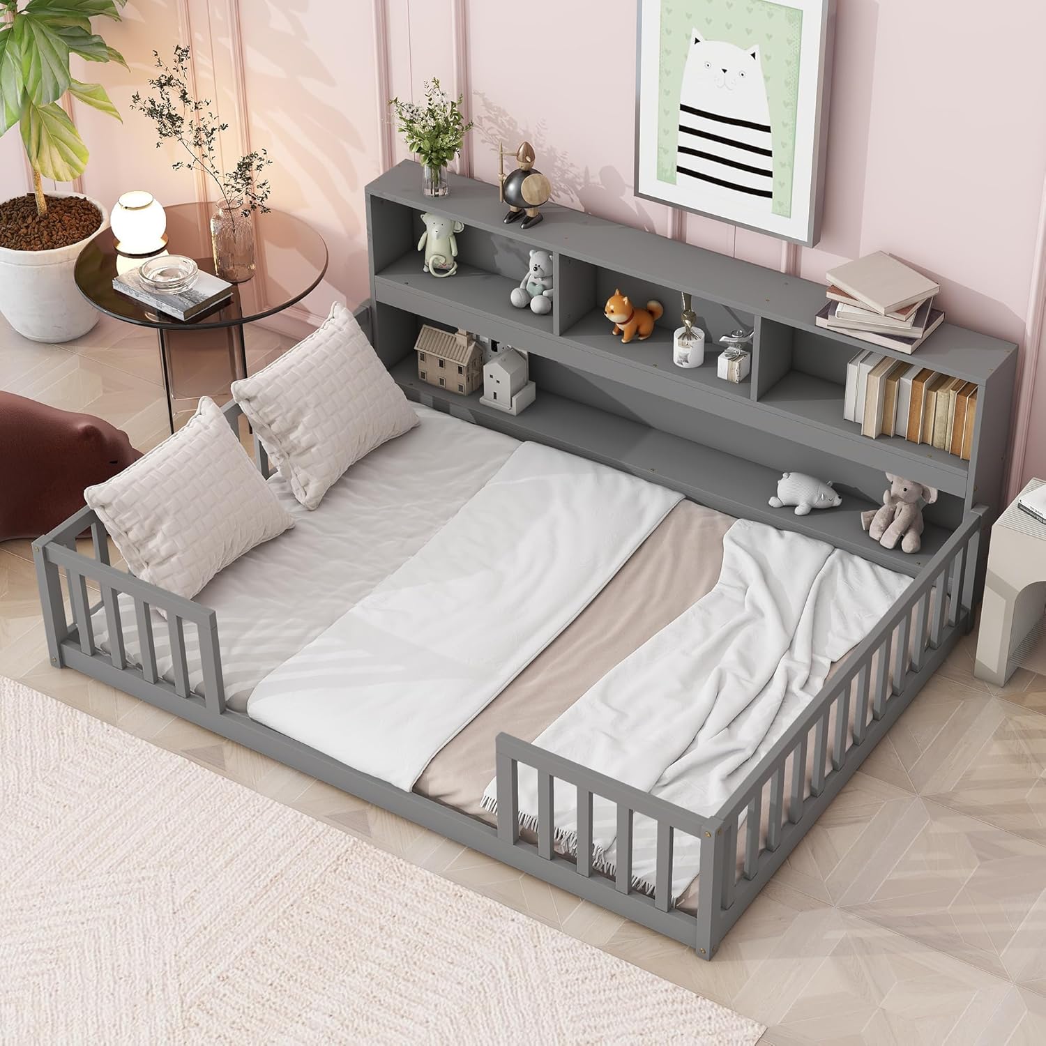 Harper & Bright Designs Full Size Floor Bed with Rails, Wooden Full Montessori Floor Bed with Bookcase and Shelves, Kids Full Size Bed Frame for Boys,Girls, Gray