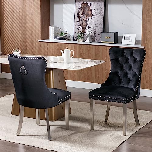 High-end Dining Chairs,Upholstered Tufted Side Chair with Chrome Stainless Steel Plating Legs,Nailhead & Back Ring Pull Trim,Kitchen Dining Room Furniture, Tufted Dining Chairs(Beige Set of 4)