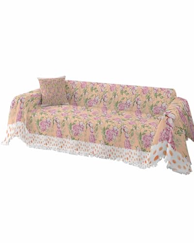 Floral Pink Cover Couch Covers for 3-4 Cushion Couch Throw Couch Cover with Tassel Soft Slipcover Watercolor Flowers Leaf Dot Texture Orange White Couch Furniture Protector for Dog Pet 71