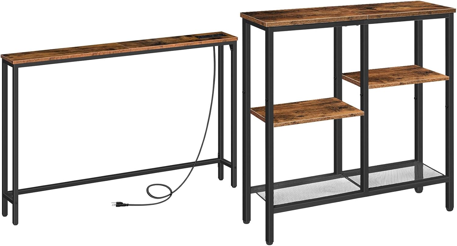 HOOBRO Skinny Console Table with Power Outlets and USB Ports and 4-Tier Industrial Hallway Table with Metal Mesh Shelf Bundle, for Entryway, Hallway, Foyer, Rustic Brown BF15XG01G1-BF79XG01