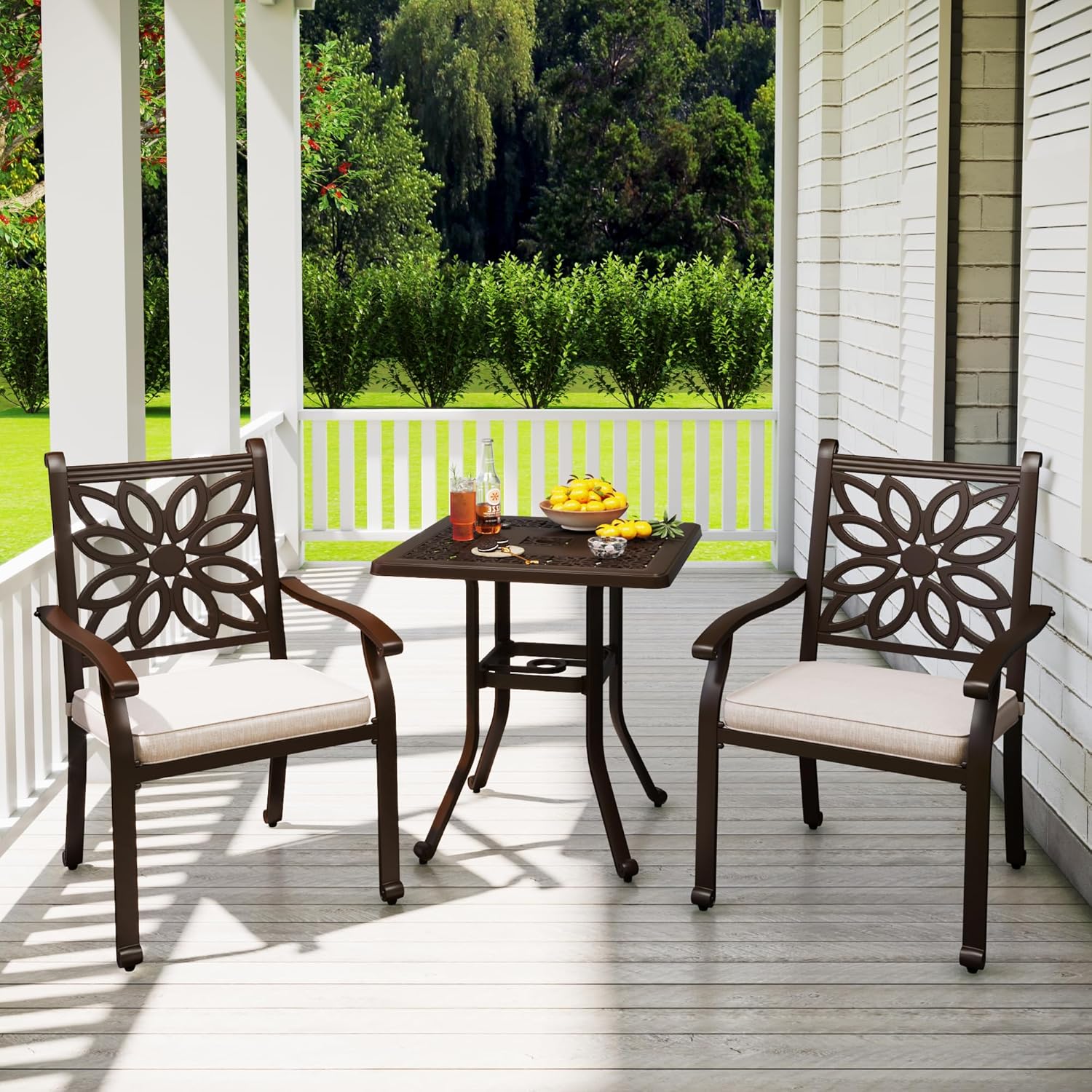 PHI VILLA 3 Pcs Cast Aluminum Patio Bistro Set, 2 Extra Wide Armrest Dining Chairs with Cushion & 1 Square Bistro Dining Table with Umbrella Hole