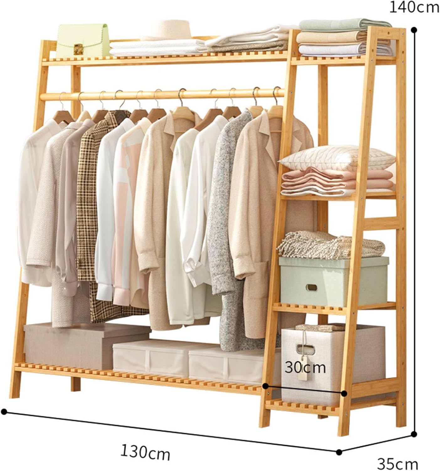 Bamboo Clothing Garment Rack, 4 Tier Storage Shelf Coat Clothes Hanging Rack Portable Wardrobe Closet Organizer with Top Shelf Shoe Storage Shelves for Hallway Entryway Coat Hanger Stand