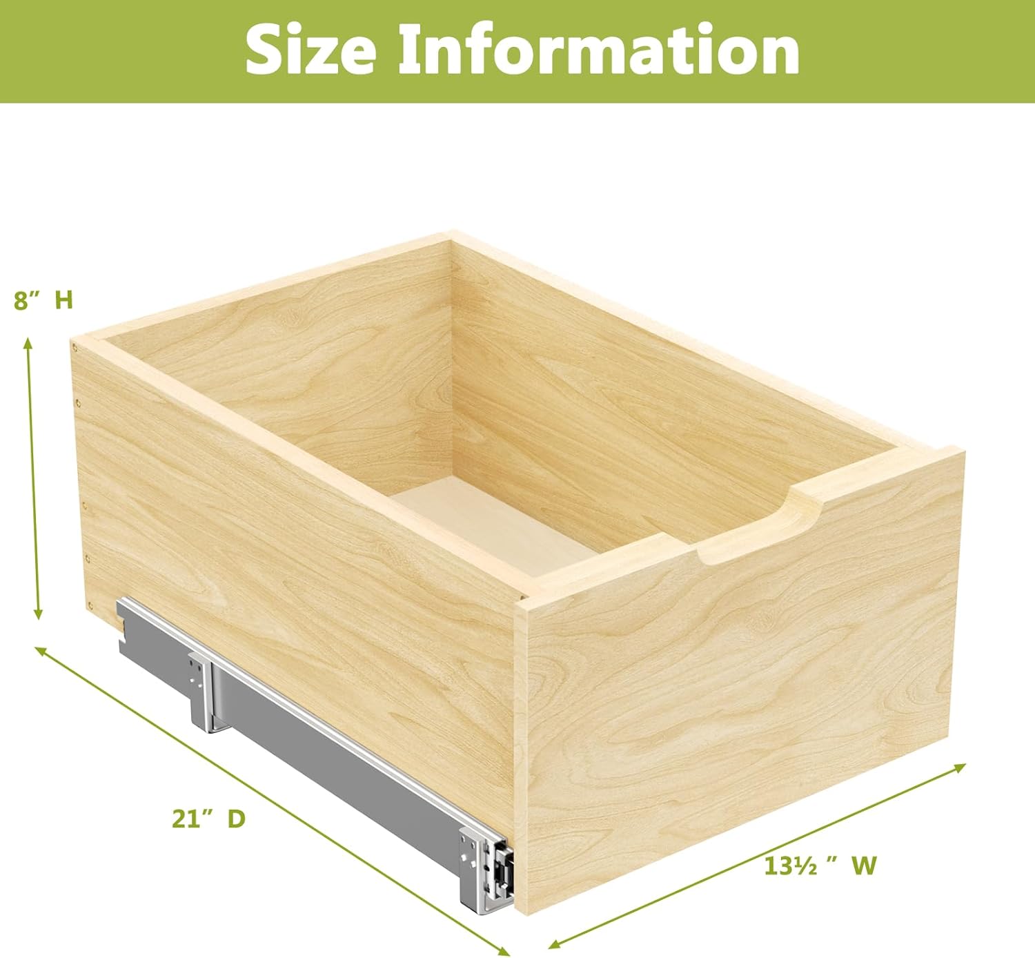 21”D x 8”H Slide Drawer Storage Kitchen Pantry Garage Bathroom Pull Out Cabinet Organizer, 13.5''W x21''D, ‎Birch Wood